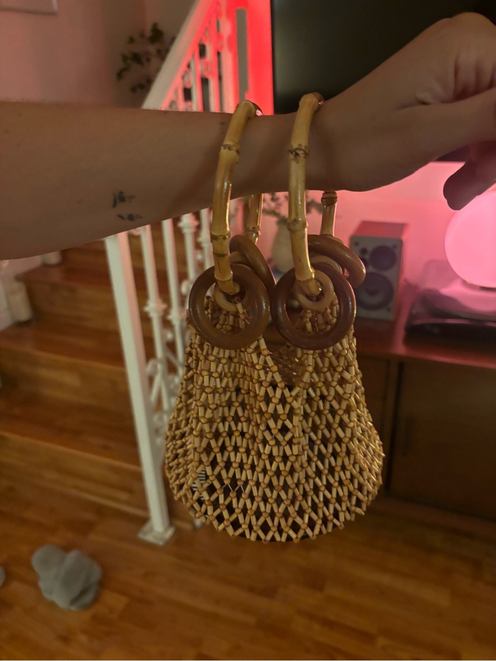 Woven Bamboo Bead Wristlet Bag - Tan
